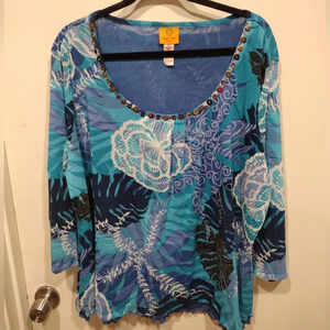 Ruby Rd. Women's Sequin Embellished Stretch Nylon Mesh Top Sz 2X-Y2K Lettuce Hem